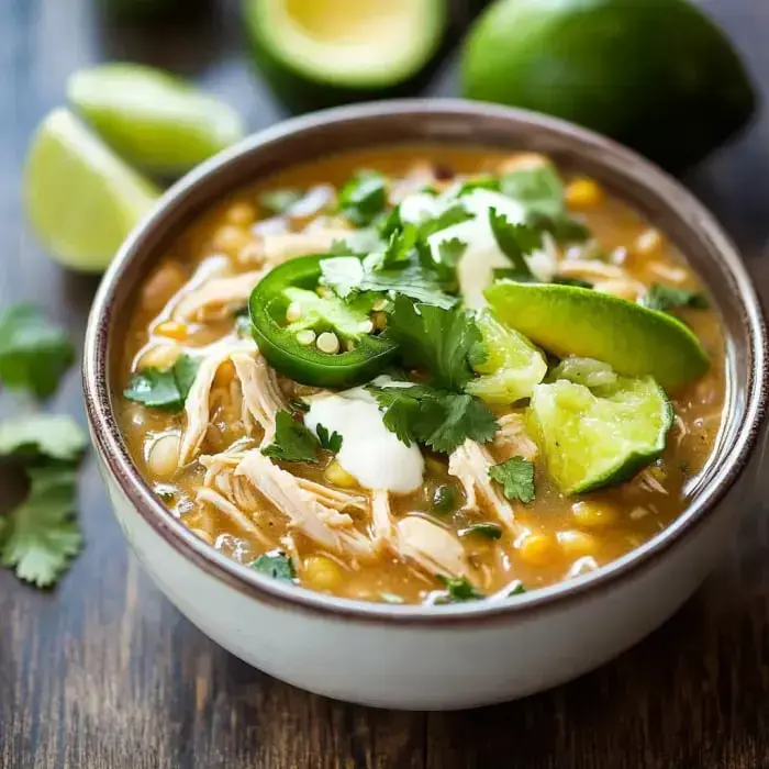 A comforting chicken stew loaded with fresh toppings like lime wedges, sour cream, jalapeños, and cilantro.