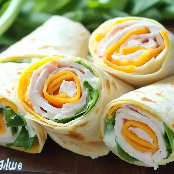 Three tortilla wraps tightly rolled with turkey, cheddar, and greens, placed on a rustic wooden table.