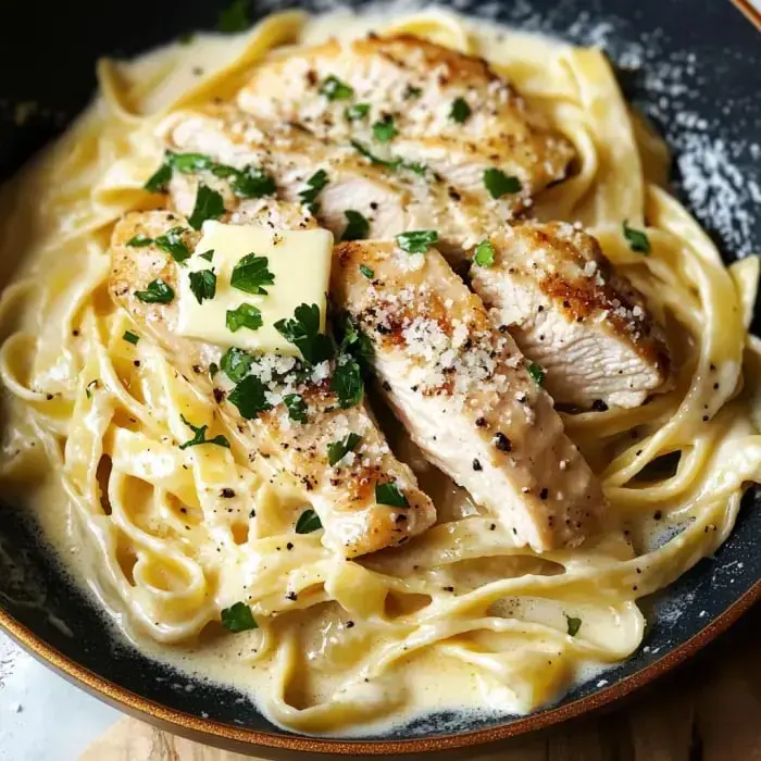 A comforting plate of chicken Alfredo fettuccine topped with fresh parsley, butter, and grated parmesan.