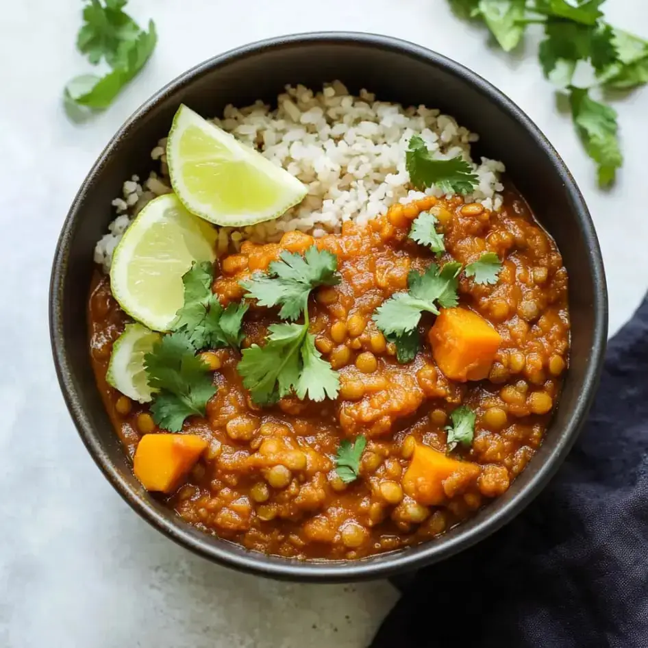 Warm lentil stew in a bowl with chopped cilantro, lime wedges, and a side of brown rice.
