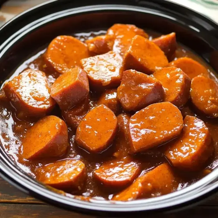 Slices of glazed yams in a black bowl covered in a shiny brown sauce.