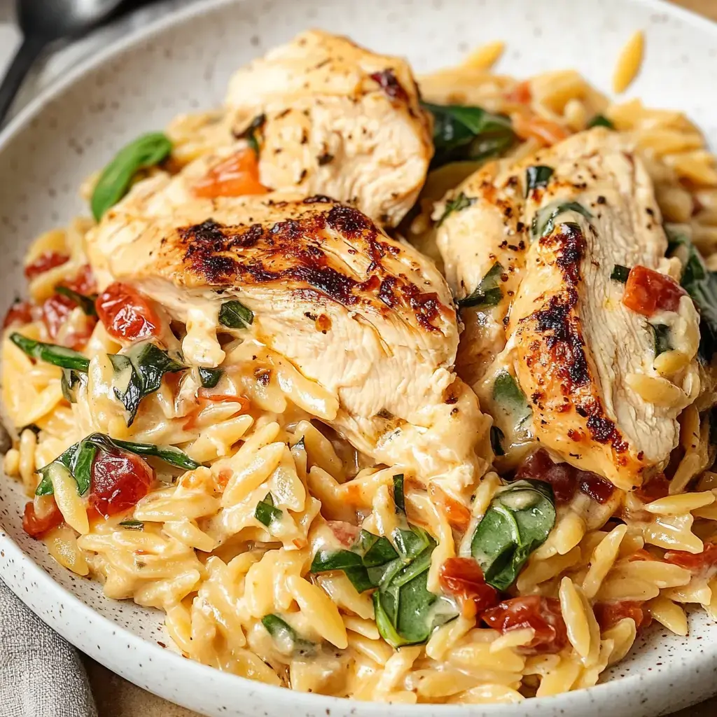 Big bowl of creamy orzo with juicy chicken, wilted spinach, and sun-dried tomatoes on top.