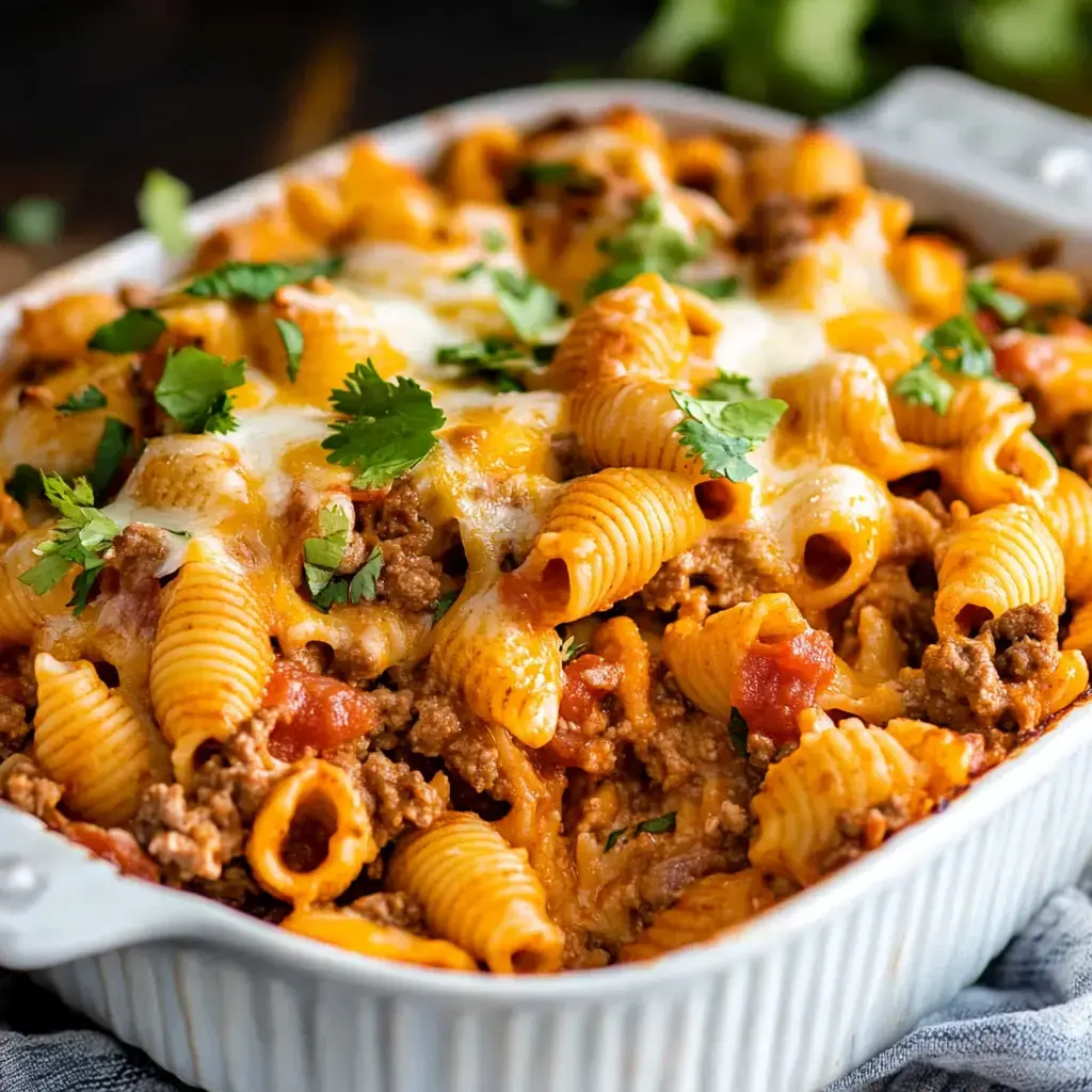 Hearty baked pasta shells with ground beef, cheesy layers, and a sprinkle of fresh cilantro on top.