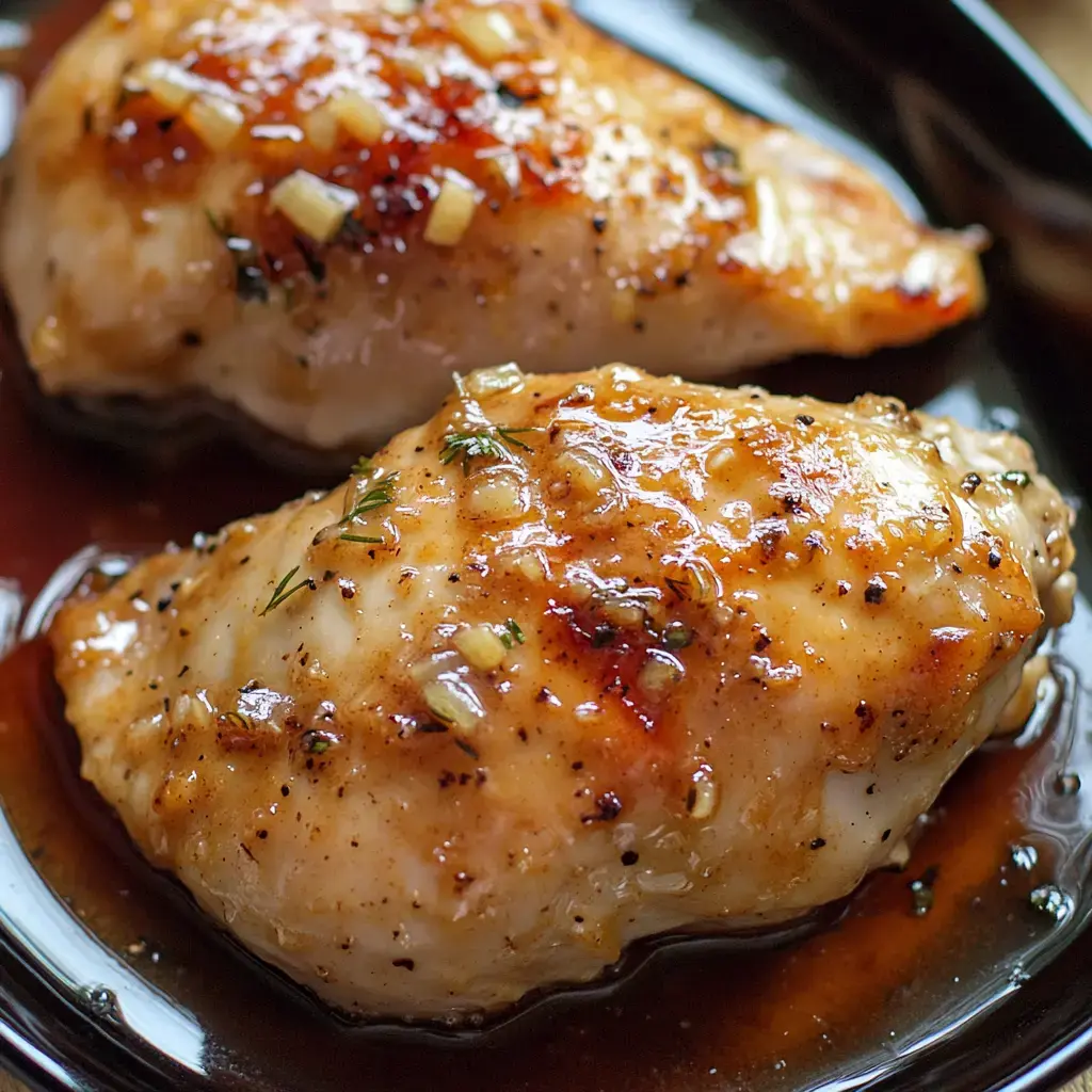 Glazed chicken breasts with garlicky bits and herbs on a black plate, looking juicy.