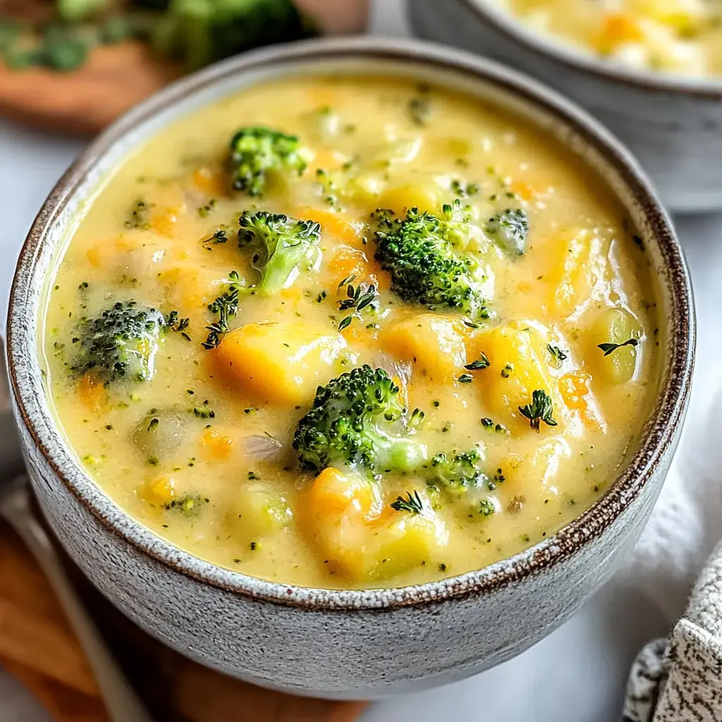 Zoomed in, you see a steaming bowl loaded with potatoes and bright green broccoli in creamy goodness.