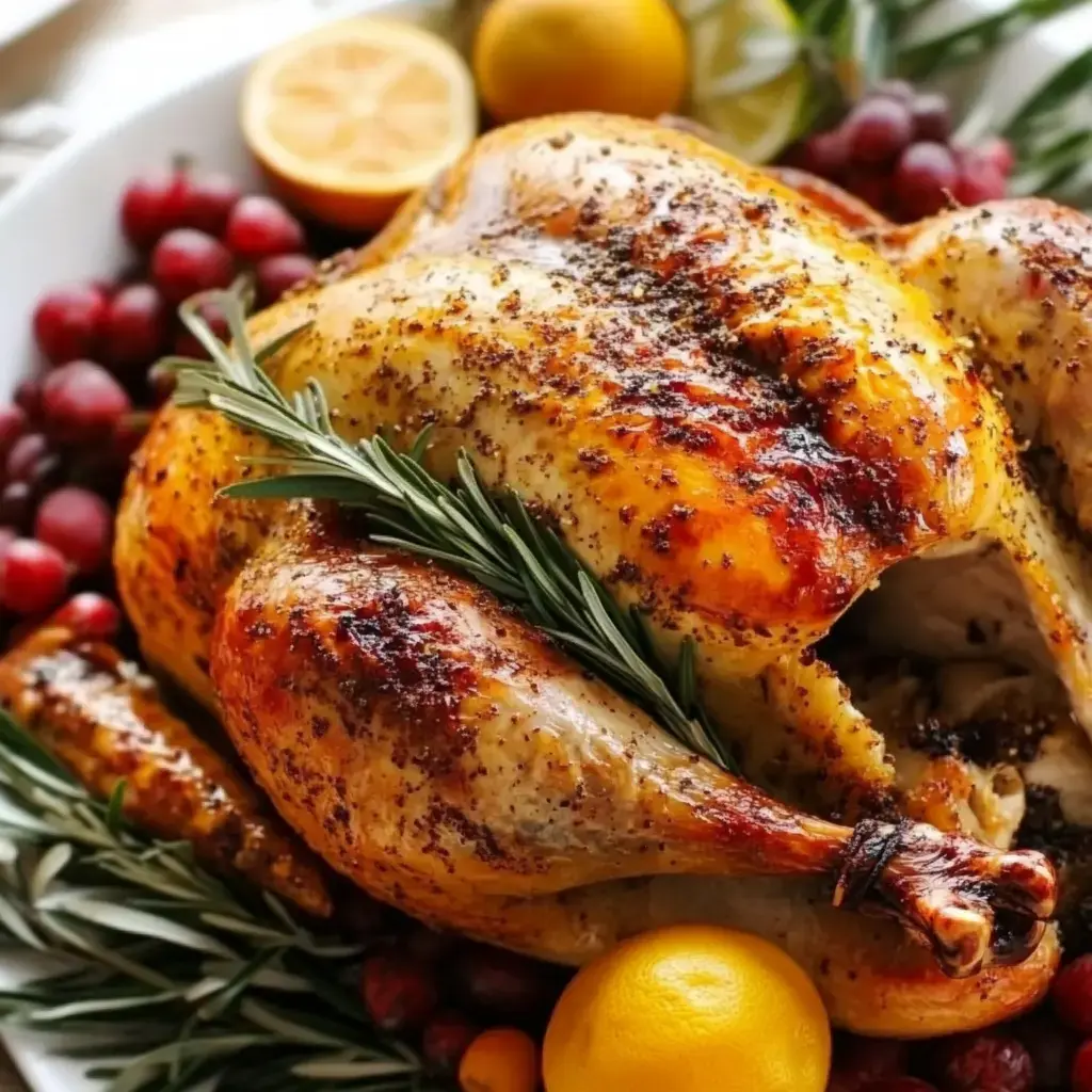 Roasted turkey on a plate with fresh rosemary, grapes, and lemons around it.