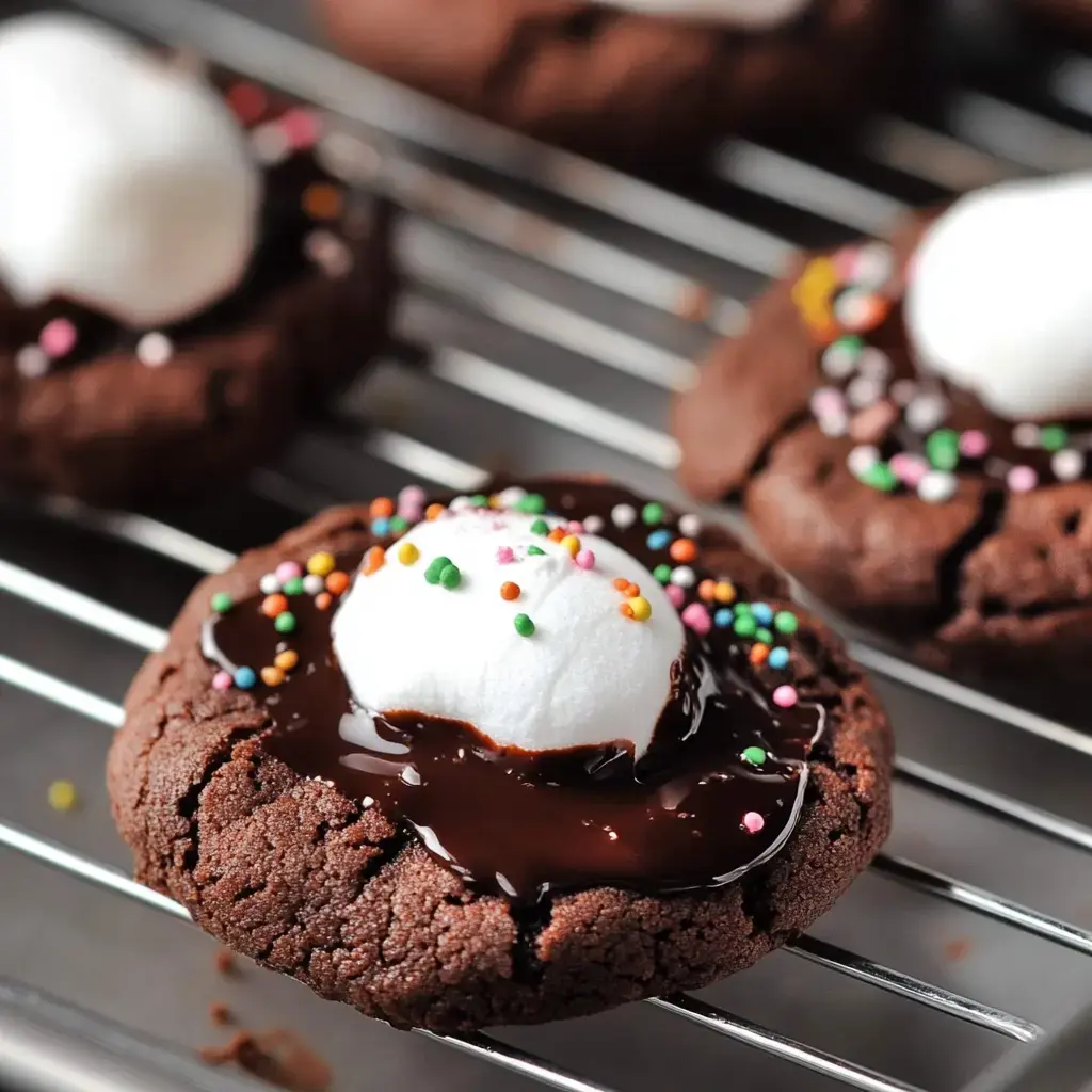 Super close shot of chocolatey cookies finished with melty chocolate, fluffy cream, and colorful sprinkles, all cooling on a rack.