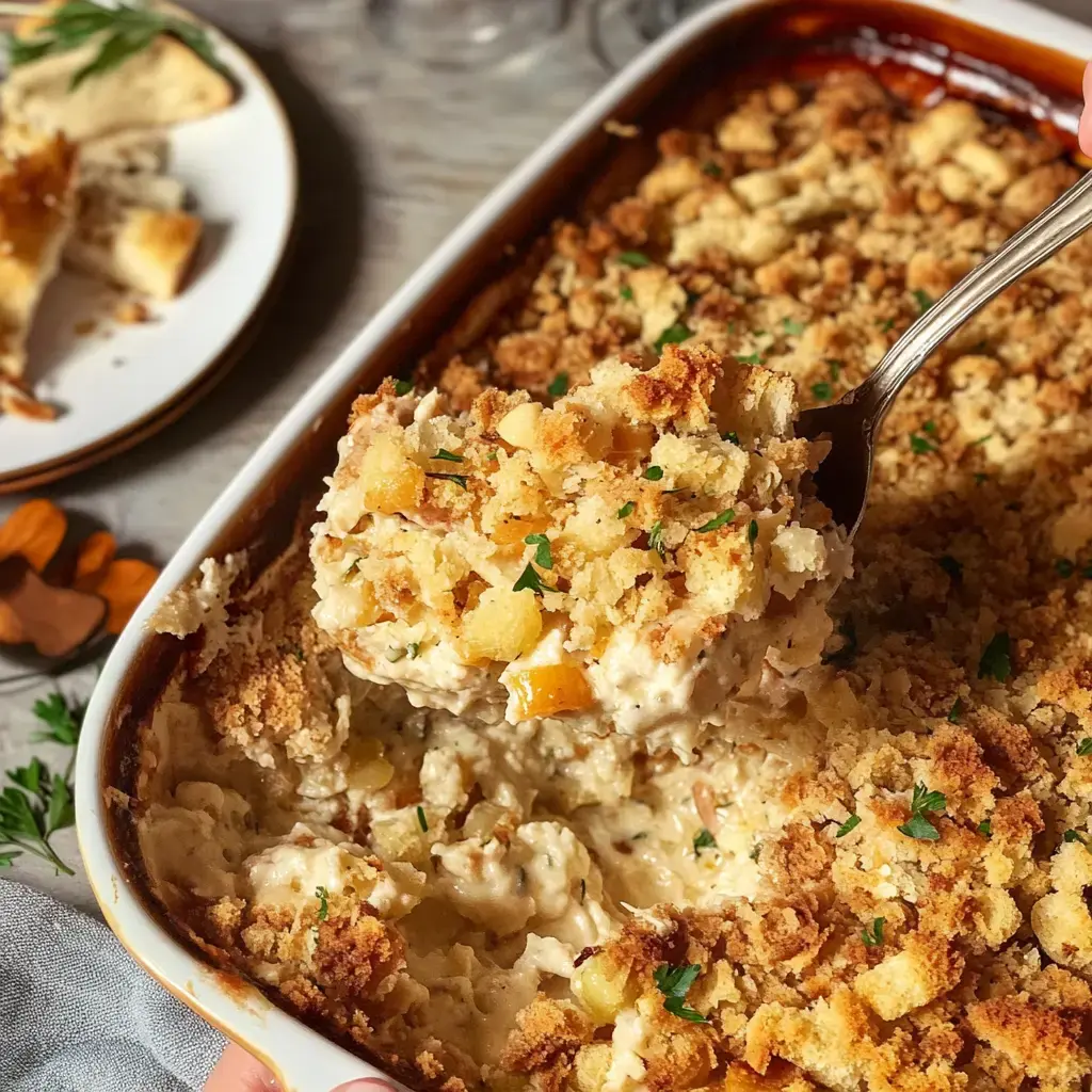 A spoonful of creamy casserole topped with crispy crumbs, next to a serving dish and a plate with some bread on the side.