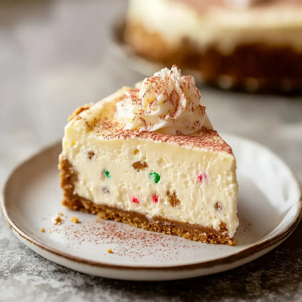 A gooey cheesecake slice dotted with colorful bits and a dollop of whipped cream sits on a white plate.