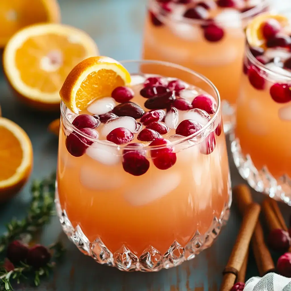 Big fruity drinks with cranberries, oranges, and cinnamon on the table. Oranges and cinnamon sticks are in the background.