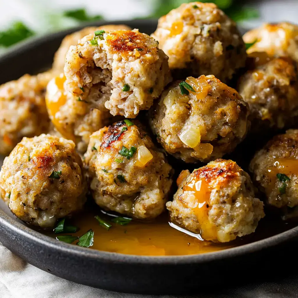 Close-up: golden brown turkey balls with herbs and melty cheese, served in a dark bowl with a light sauce.