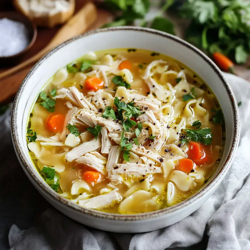 Chicken noodle soup loaded with fresh cilantro, shredded chicken, and carrots in broth.
