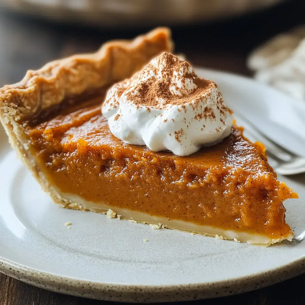 Pumpkin pie with a fluffy whipped cream topping and dusted cinnamon, sitting on a tan plate.