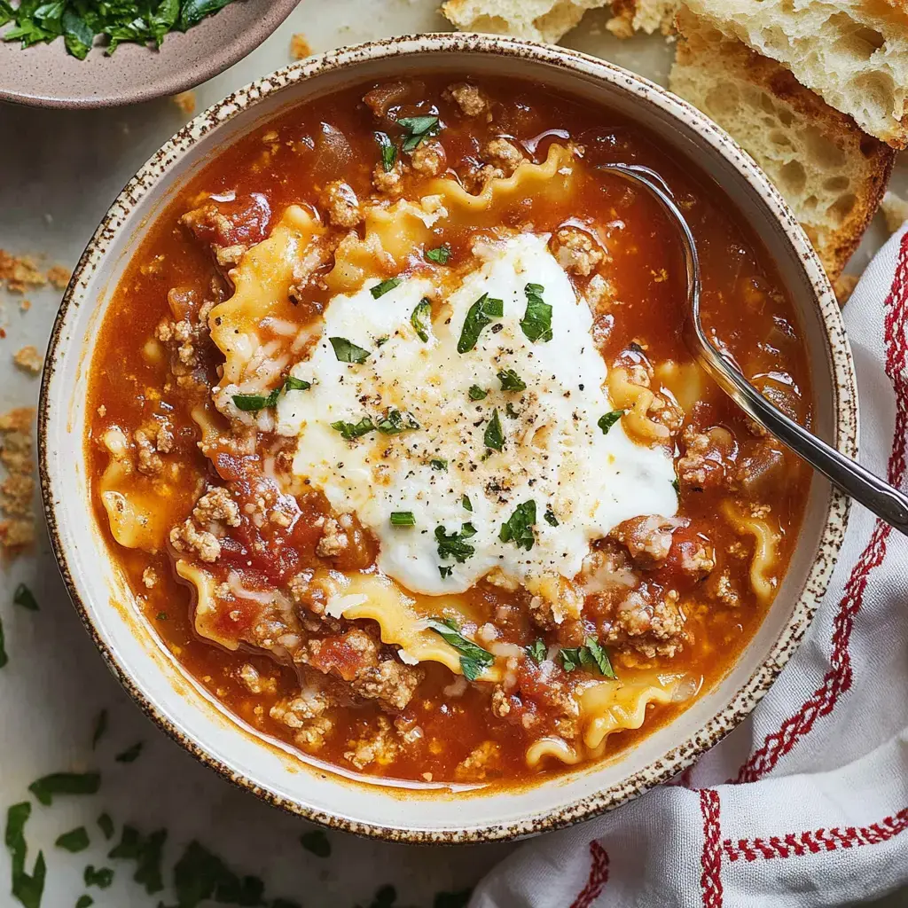 Lasagna soup in a bowl, topped with fresh herbs and a scoop of ricotta, with bread on the side and some parsley nearby.