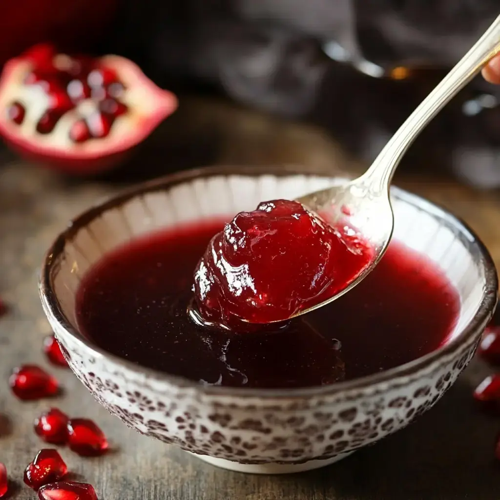 A spoon scoops glittery pomegranate jelly from a fancy bowl, pomegranate seeds scattered all around.