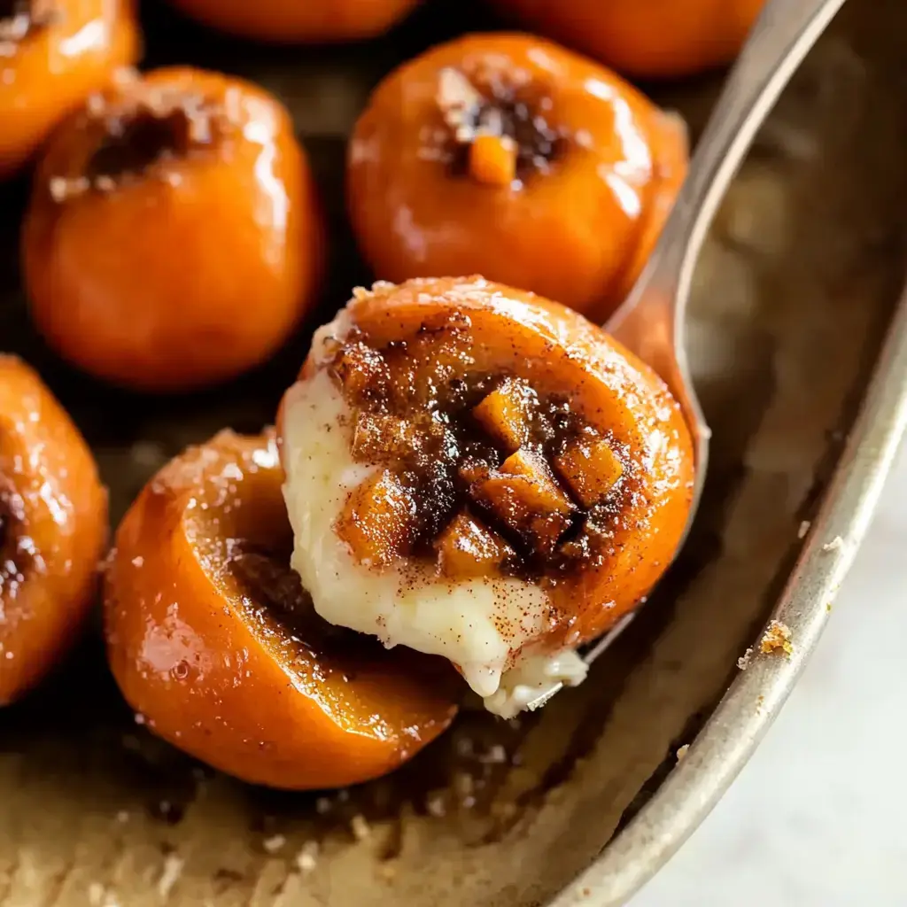 Juicy roasted peaches stuffed with cinnamon sugar and creamy filling, on a plate close-up.