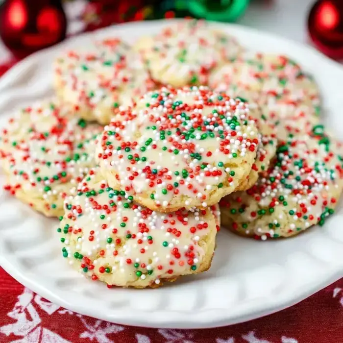Festive round cookies covered in white icing and bright colorful sprinkles on top.
