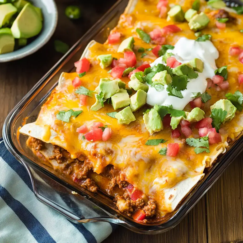 Cheesy baked tortillas loaded with beef, tomatoes, avocado, and creamy toppings served on a rustic table with sliced jalapenos nearby.