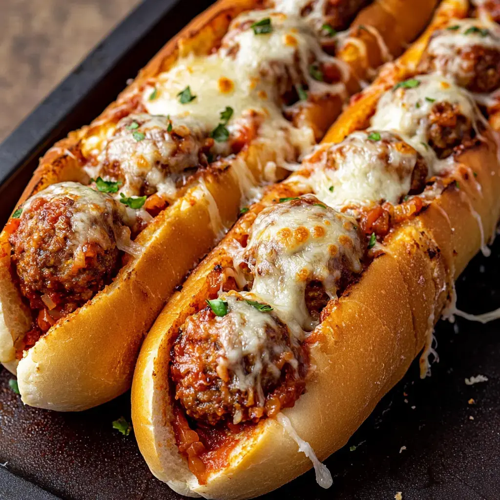 Toasted hoagie buns filled with sauce-soaked meatballs, melted cheese, and fresh herbs on top.