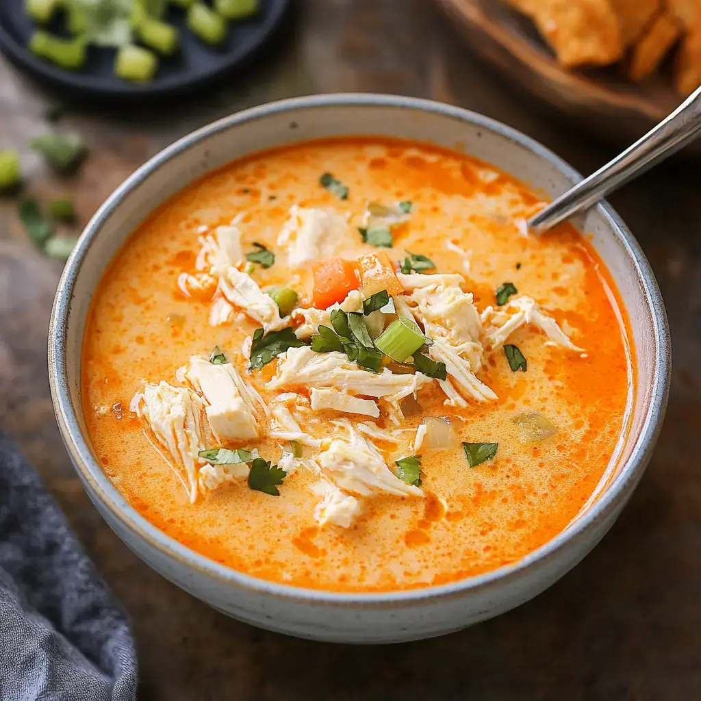 Creamy soup in a bowl with chicken, veggies, and some herbs on top.