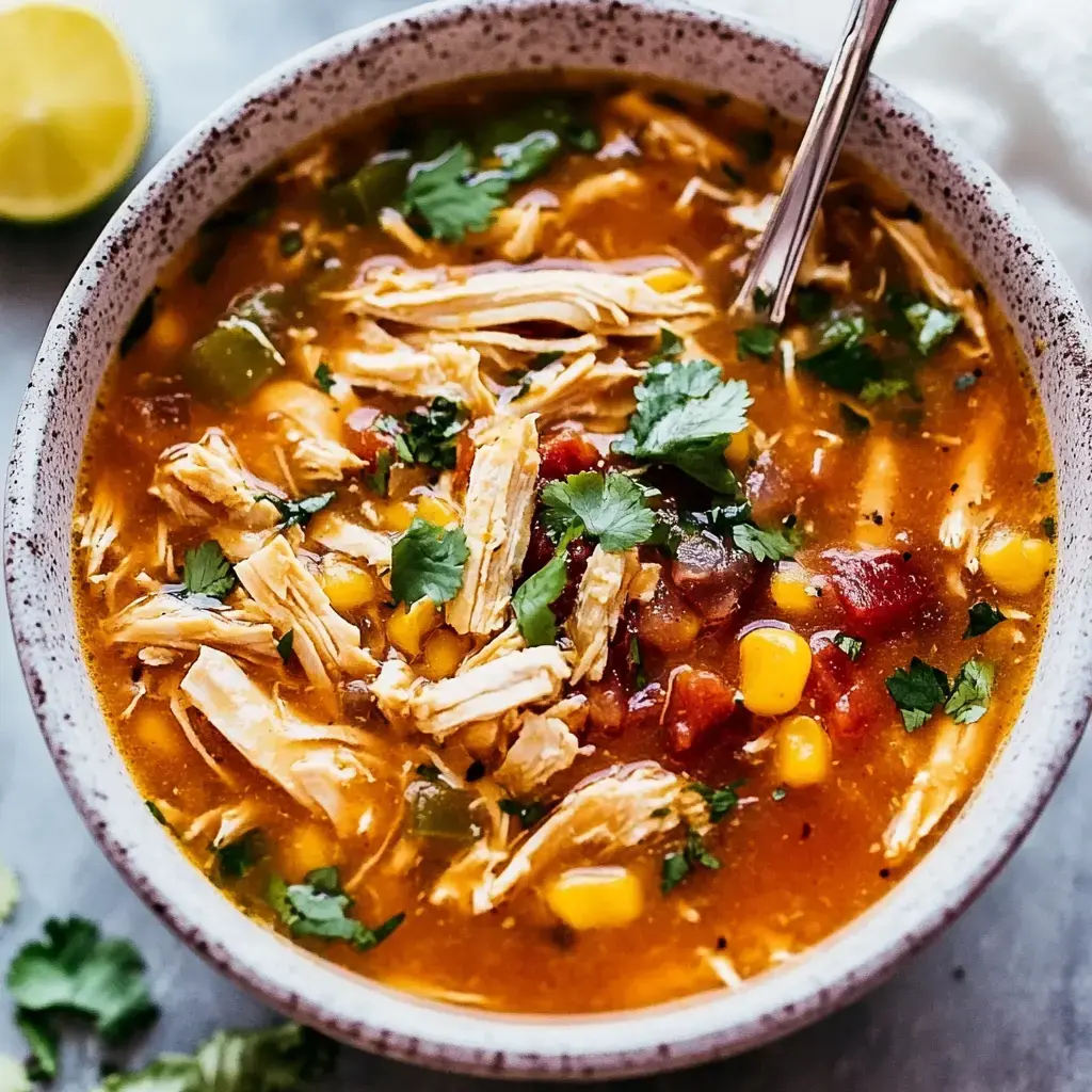 Chicken tortilla soup topped with cilantro and peppers, with lime on the side, served in a bowl.