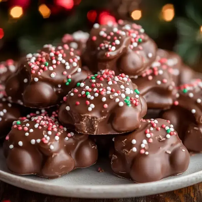 A fun heap of chocolate bites covered in festive red, green, and white sprinkles on a platter.