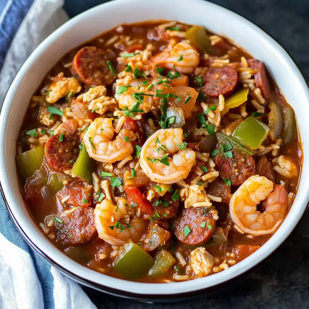 Shrimp and sausage jambalaya in a bowl, packed with rice, peppers, and herbs, topped with fresh parsley.