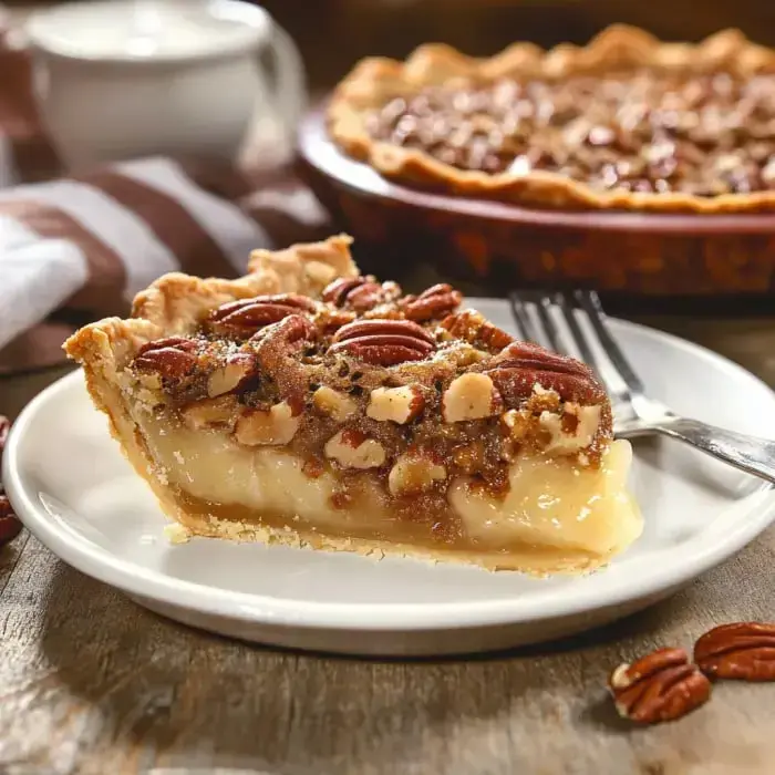 A wedge of pecan pie on a white plate, showing layers of creamy filling with crunchy pecans, with a fork and loose nuts on a wooden surface.