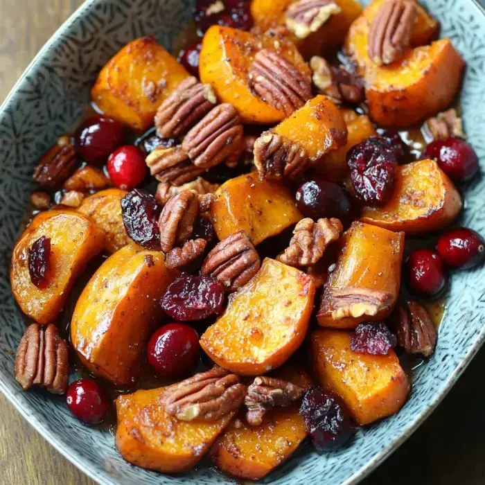Chunks of roasted butternut with toasted pecans and cranberries, shiny with a sugar glaze.