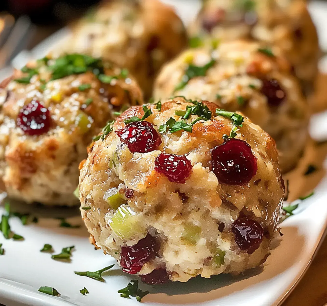 Plateful of round, tasty stuffing balls with cranberries and herbs. They're set up on a simple white dish.
