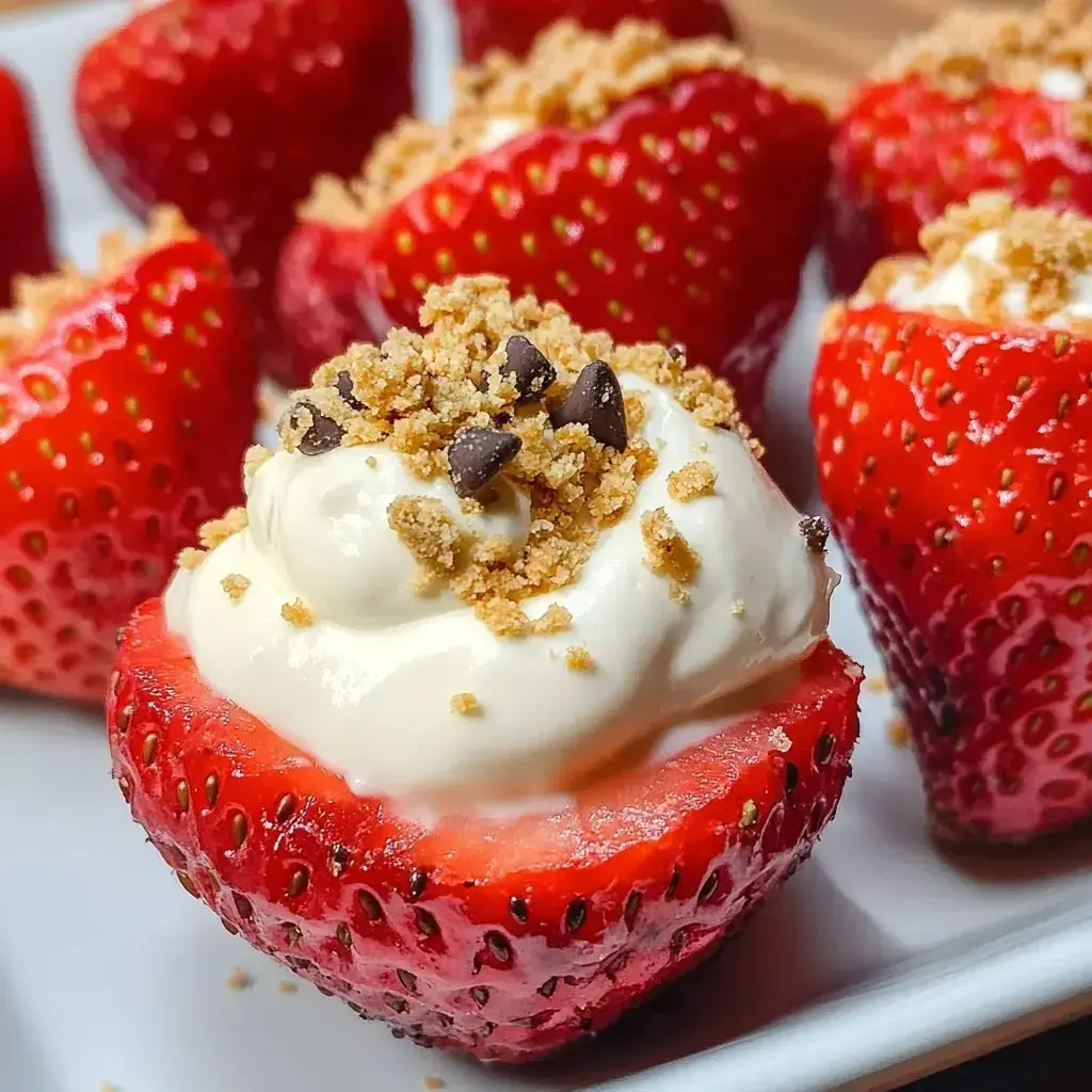 Hollowed strawberries stuffed with creamy filling, topped with chocolate chips and cookie crumbs, all shown close-up.