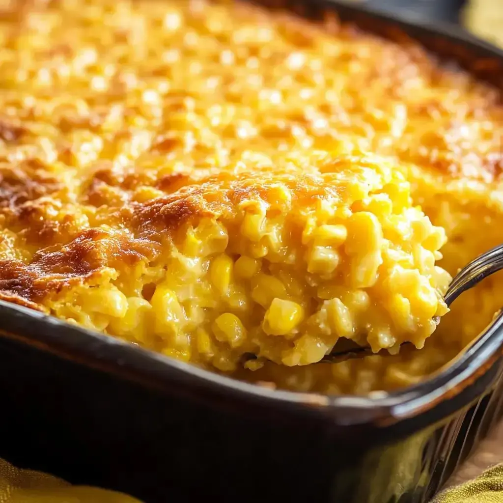 Golden cheesy corn bake with a scoop out and a spoon next to it.