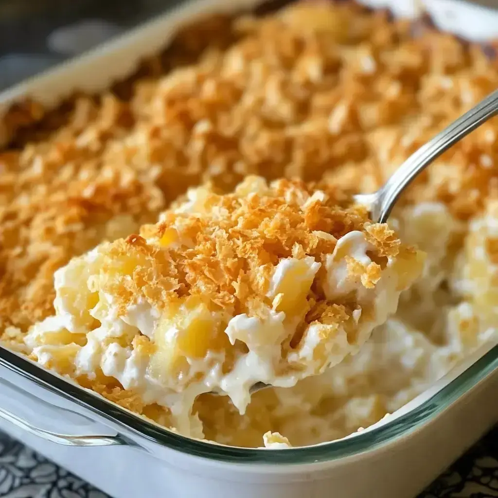 Scoop of creamy, cheesy potatoes under a crispy golden cornflake crust, with the rest of the dish just out of sight.