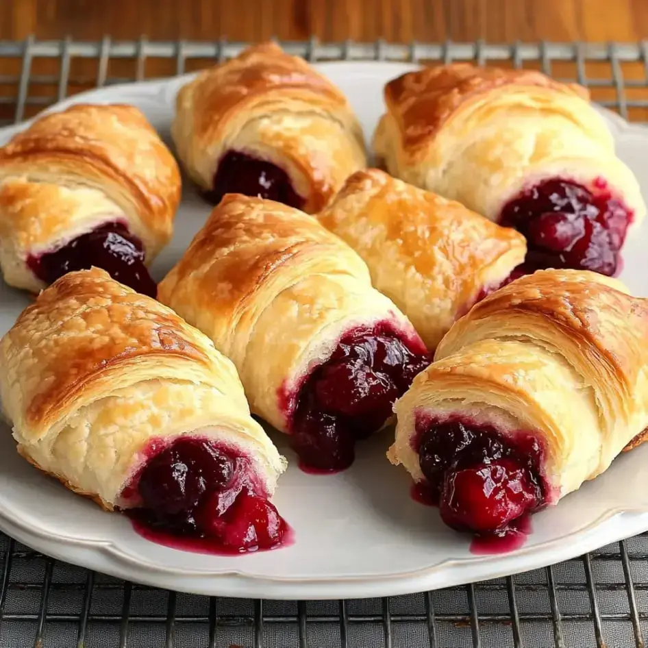 Flaky golden baked pastries packed with dark cherry filling, a few with the filling peeking out.
