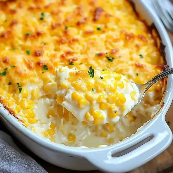 Spoon lifting rich cheesy corn casserole from a baking pan with golden bubbly cheese on top.