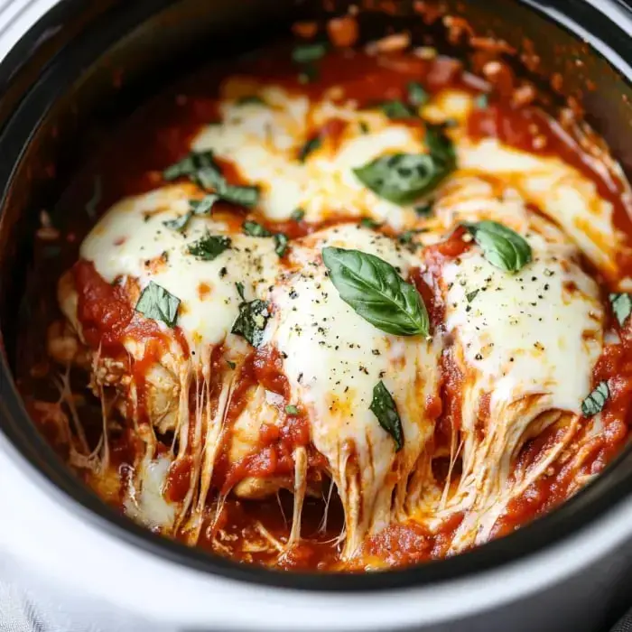 Chicken covered in gooey melted cheese and fresh basil, all bubbling in thick tomato sauce inside a slow cooker.