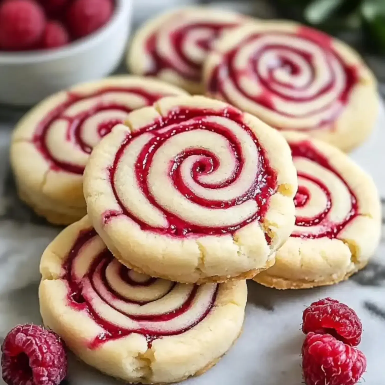 Zoomed-in raspberry swirl cookies with a pretty spiral, some raspberries chilling in a bowl on marble.