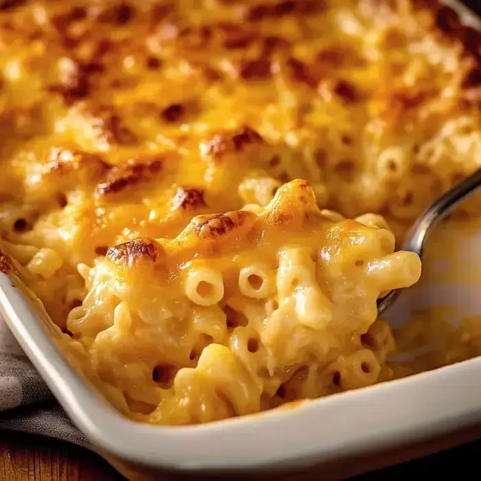 Close shot of golden, cheesy baked mac and cheese with crispy top.
