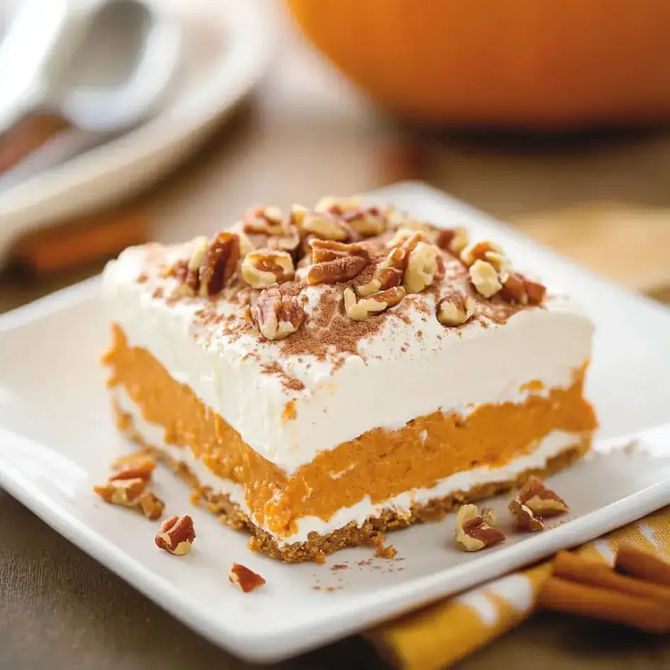 Layered pumpkin square with whipped cream and nuts on a plate, sprinkled with cocoa.
