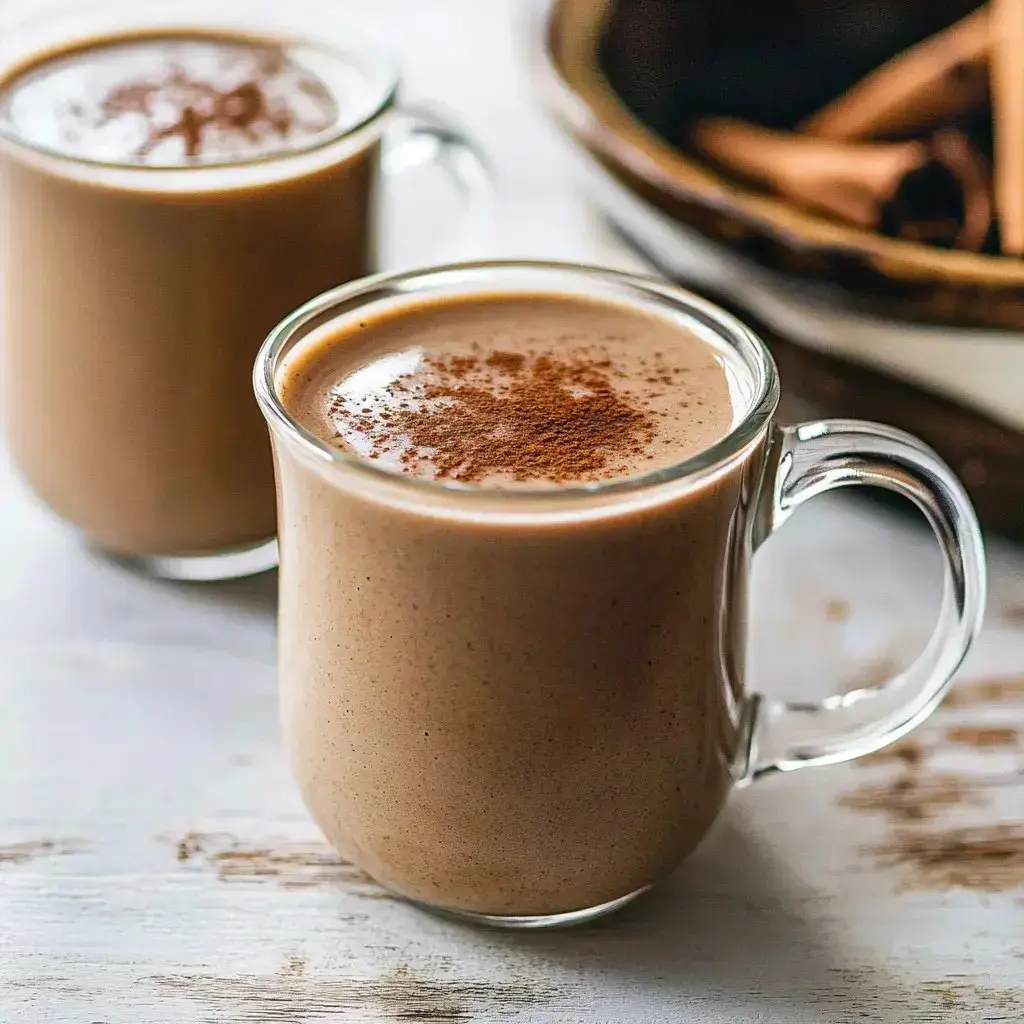 Two clear glass mugs with rich spiced cocoa, topped with a little cinnamon by a bowl of cinnamon sticks.