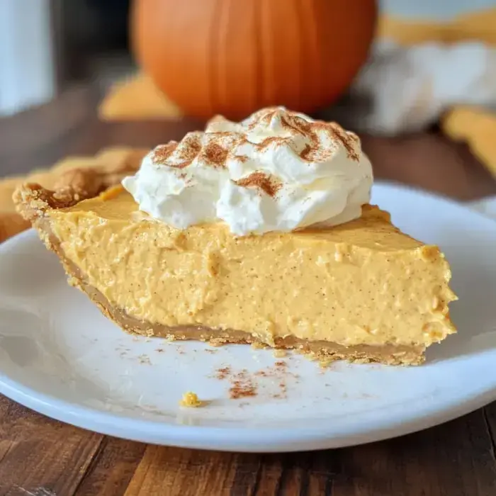 A creamy pumpkin slice with whipped topping, dusted with cinnamon, on a white dish. There's a blurred pumpkin in the back.