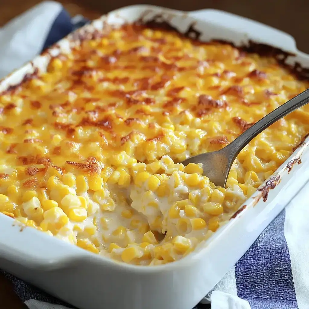 Golden, cheesy corn bake getting served from a white casserole dish.