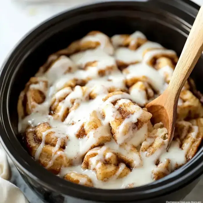 Cinnamon rolls covered in icing inside a black slow cooker with a wooden spoon close by.