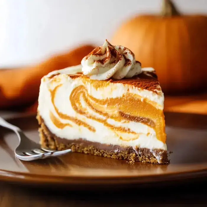 Pumpkin cheesecake slice with a creamy swirl, topped with whipped cream and surrounded by autumn vibes.