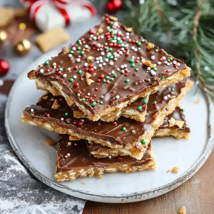 Chocolate-covered toffee crackers stacked on a plate, sprinkled with colorful toppings on a wooden tabletop, holiday lights twinkling in the distance.