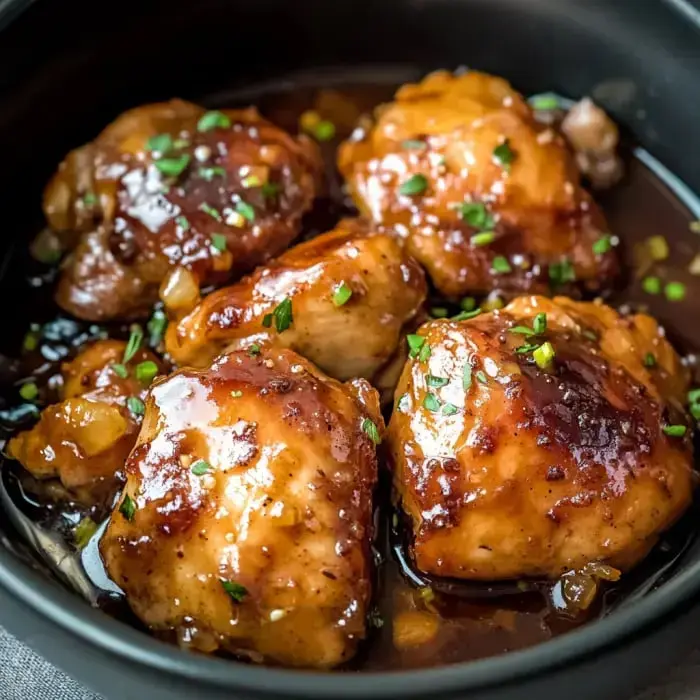 Glazed chicken thighs with green onions in a rich, dark sauce.