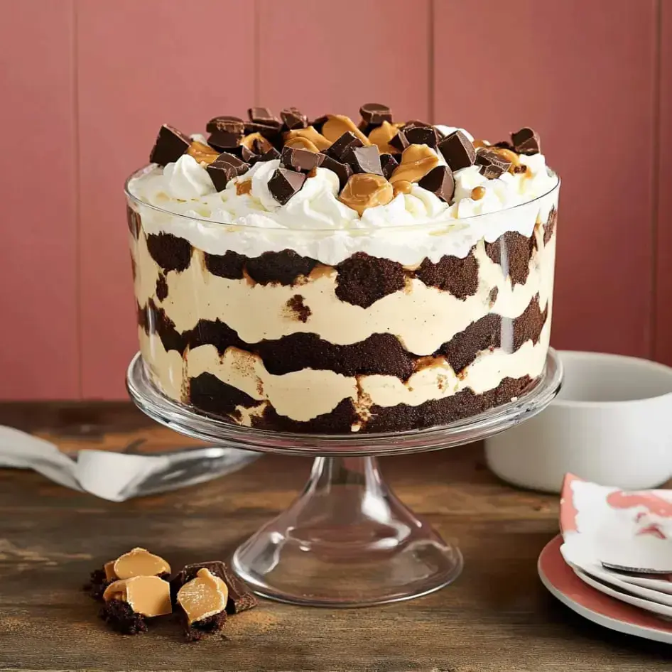 A showy glass dish packed with chocolate and vanilla layers, fluffy cream, and Reese’s candies on top.
