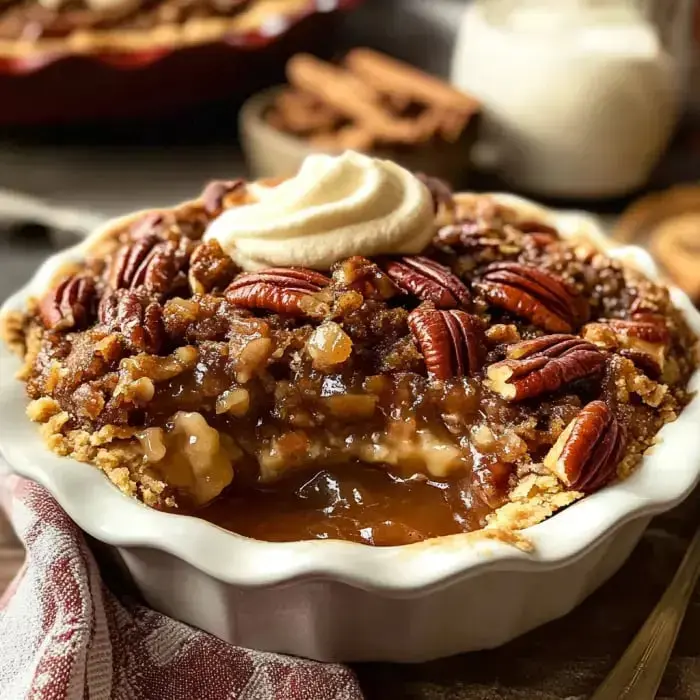 You can see the gooey middle and crunchy nuts, with a mound of whipped cream on top and one piece already out.