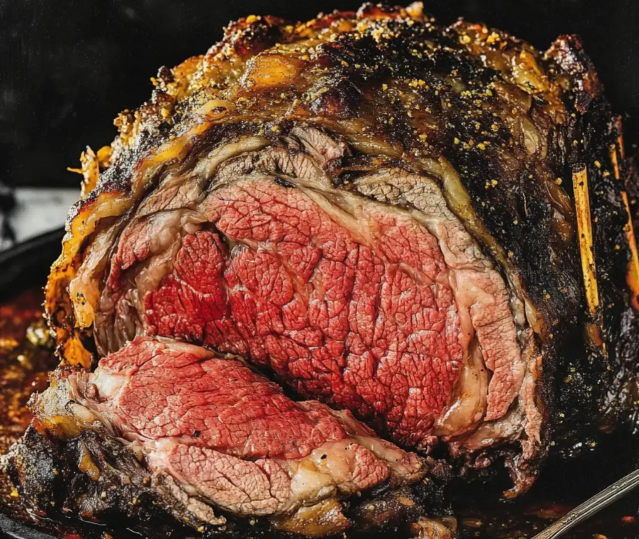 A prime rib roast cooked just right—crispy on the outside, perfectly pink and juicy inside shown on a dark plate.