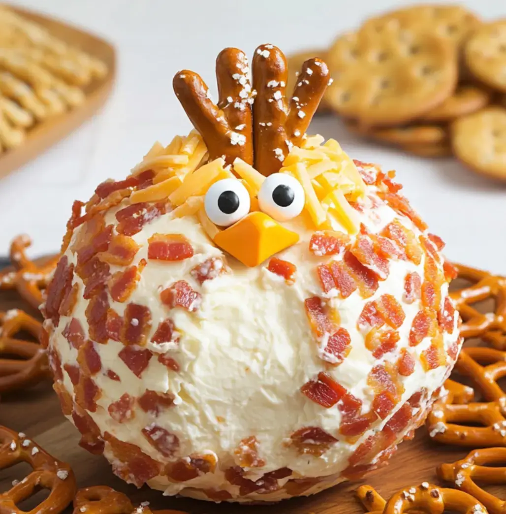 Cheese ball turned into a playful cartoon bird, bacon, cheese, and pretzel sticks for feathers, all surrounded by more pretzels.